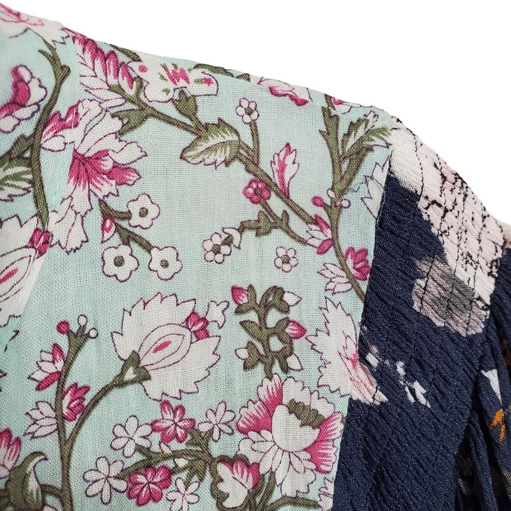 Umgee Size L Dress Blue CottageCore Floral Crinkle V-neck Ribbon Tie Puff Sleeve - Picture 9 of 9